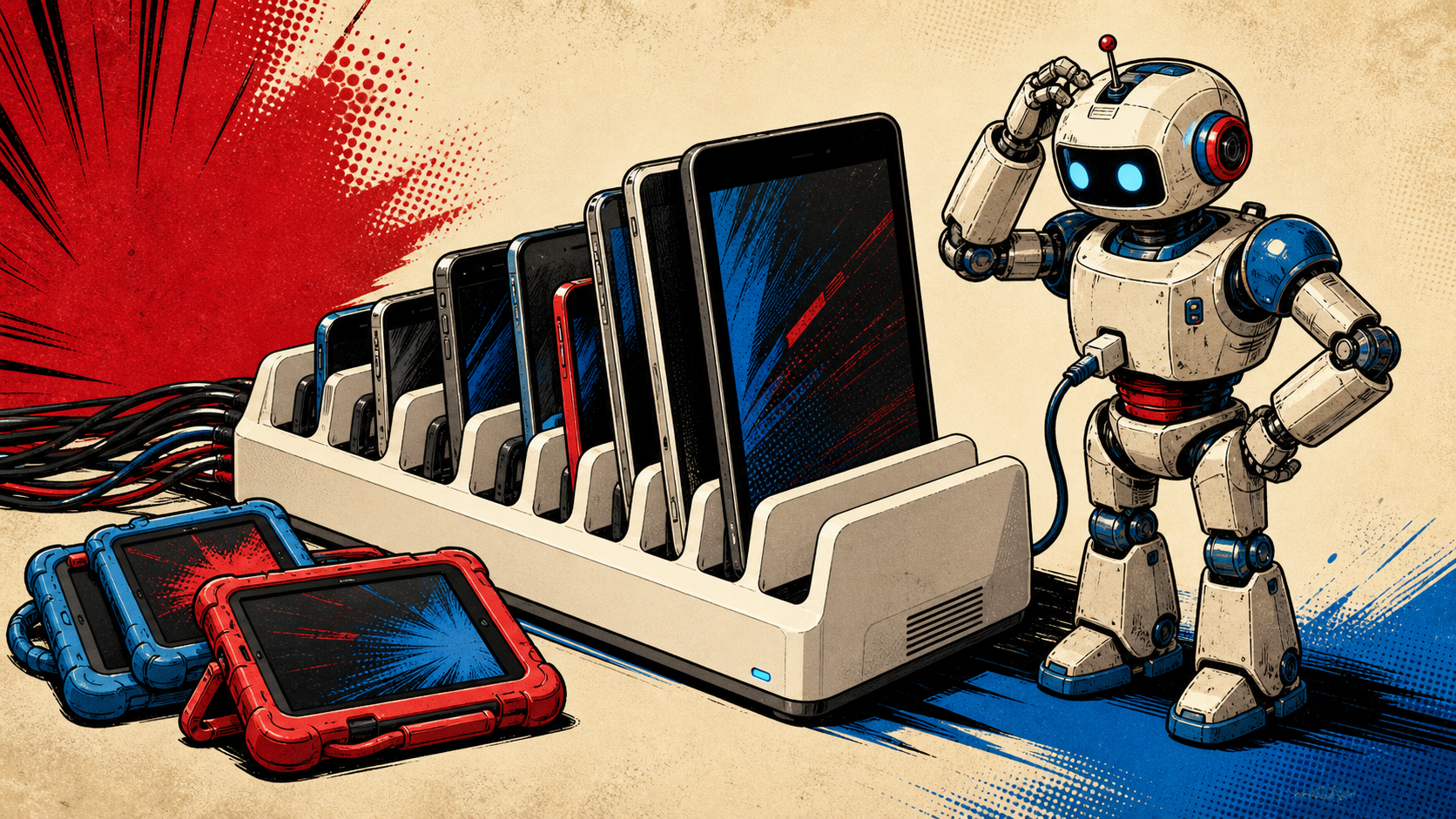 A retro-futurist robot plugging a tablet into a wide, slot-style charging dock crowded with phones, tablets, and tangled cables, with several tablets lying on their sides outside the slots
