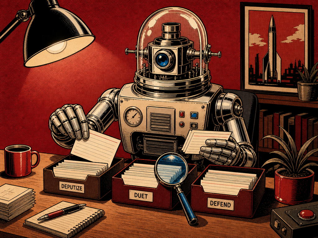 Chrome-domed retro robot at a desk, sorting a stack of paper tasks into three labeled bins, a magnifying glass propped against the middle bin.