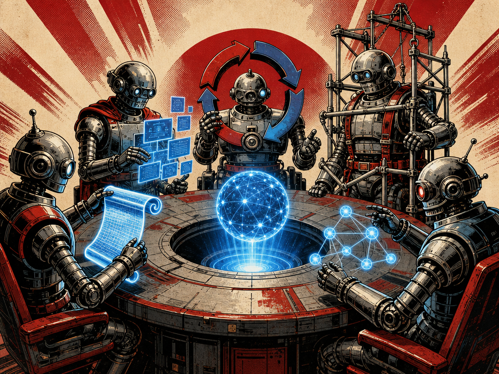 Five retro robots gathered around a round table beneath a glowing orb