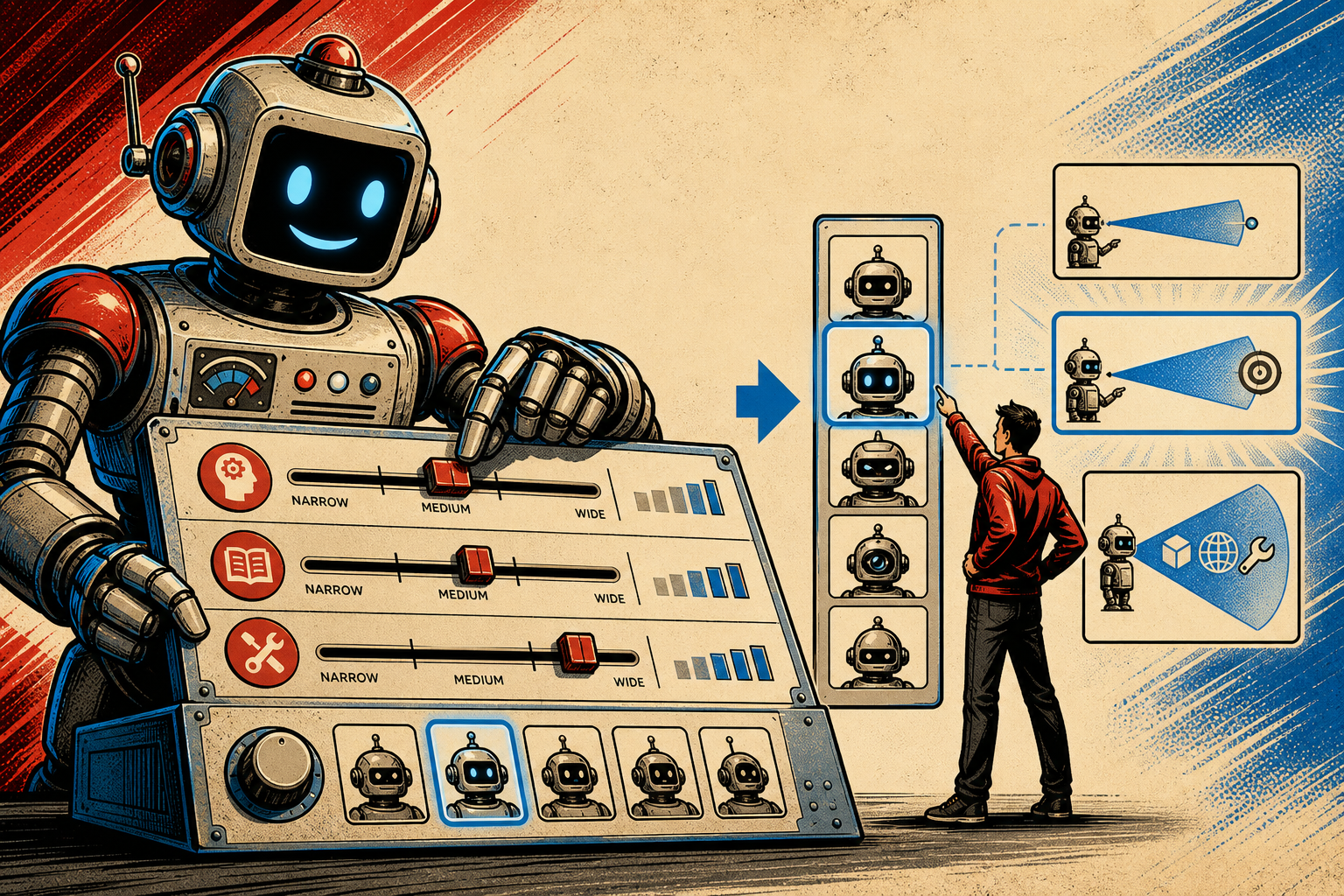 A friendly retro robot choosing a small set of labeled tools and memory cards from a larger organized library before starting a focused chat session.