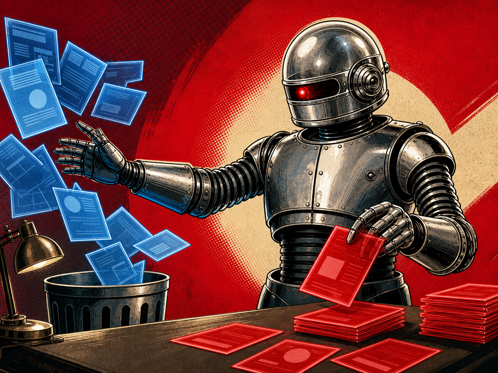 A retro robot sorting floating document cards, keeping some and discarding others