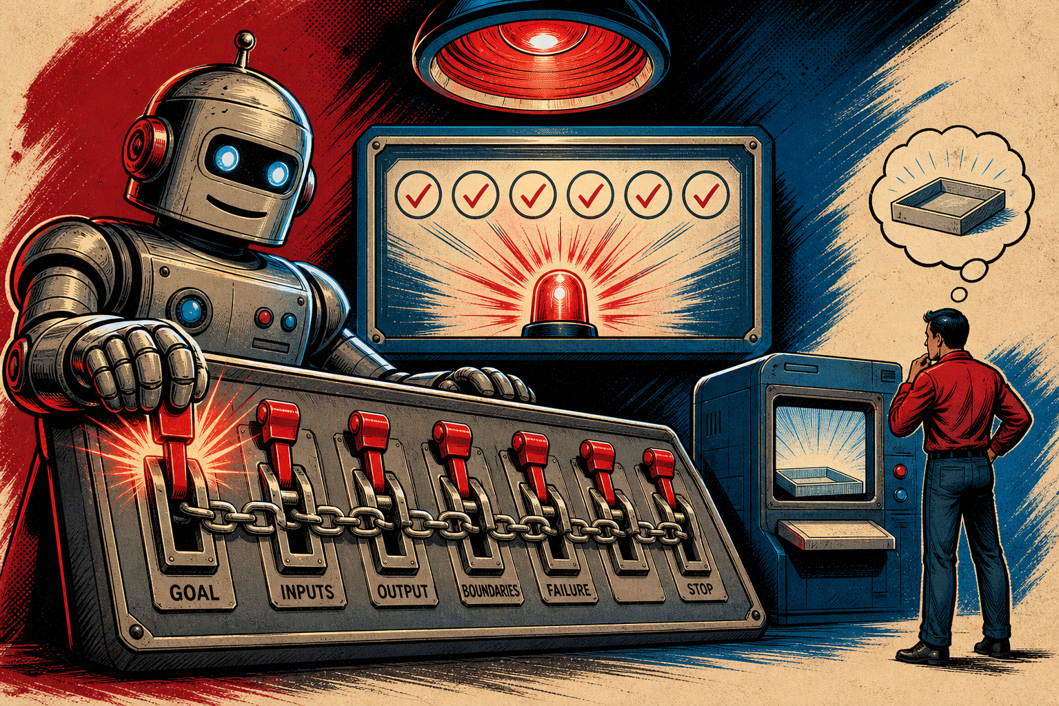 A retro robot standing at a single blank door with a sealed envelope labeled 'PROMPT' tucked under its arm — the door opens onto a sunrise because no memory of yesterday is carried through.