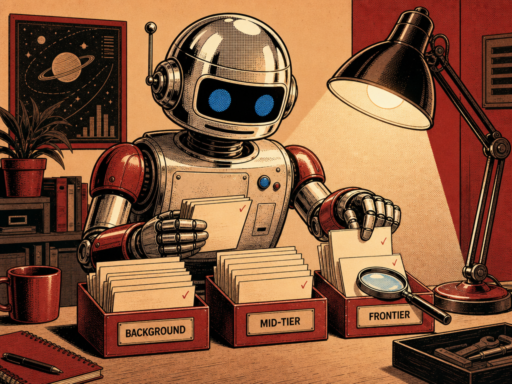 Chrome-domed retro robot at a workbench, looking at a stack of differently-shaped model cards labeled BACKGROUND / MID-TIER / FRONTIER, a magnifying glass highlighting which card goes where.