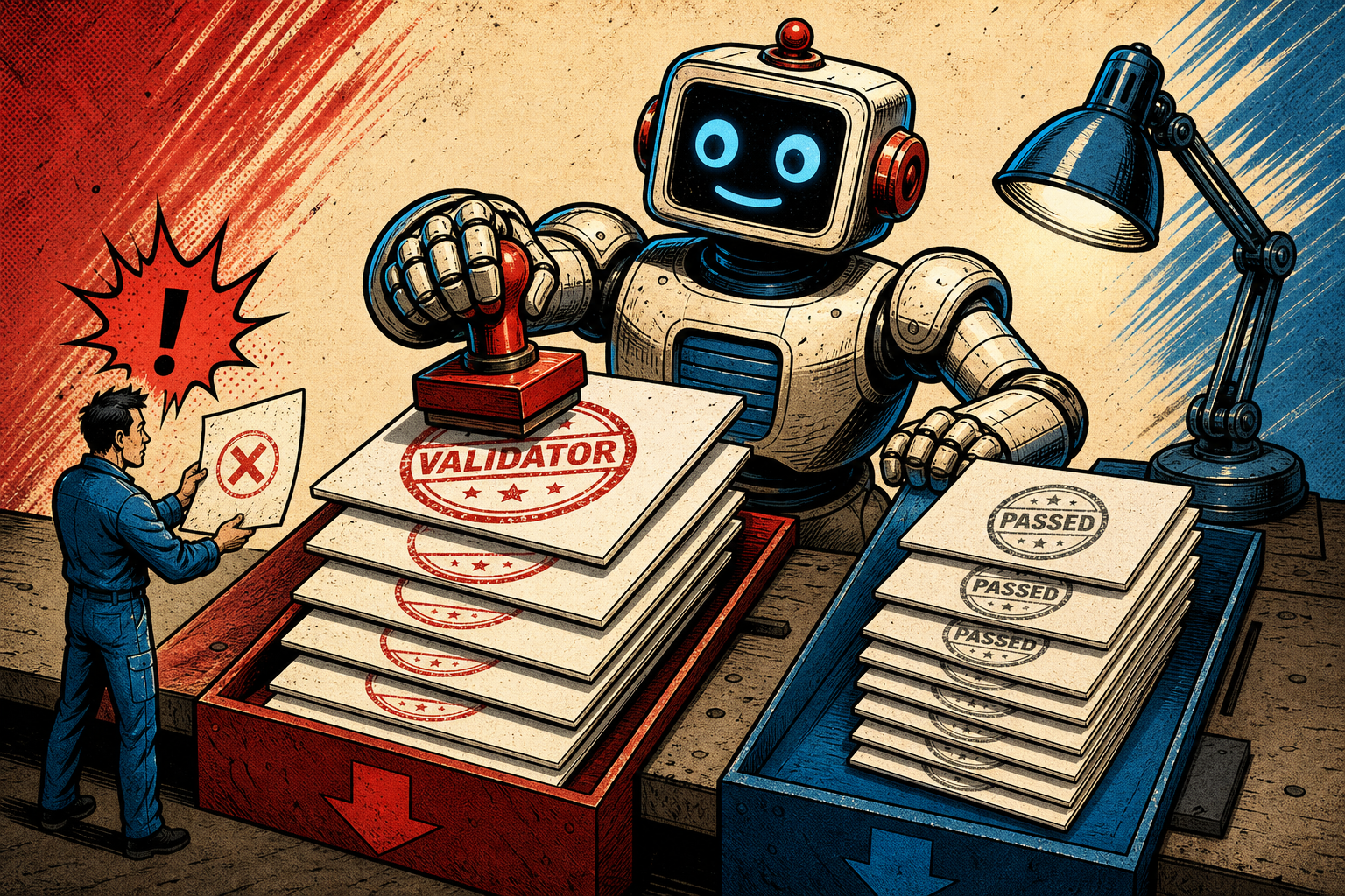 A retro robot inspector standing at a checkpoint with two lanes — REQUIRED and OPTIONAL — sorting Markdown posts into a glowing PASS chute and a red FAIL chute with a schema error list.
