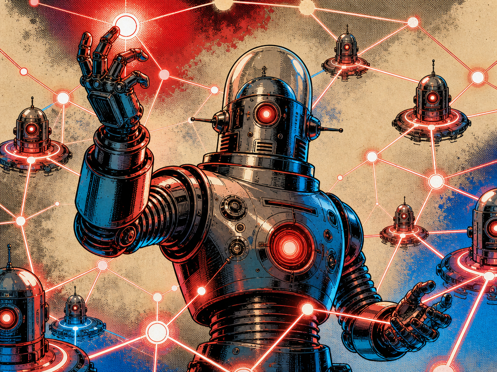 A retro robot at the center of a network of connected nodes and smaller robots