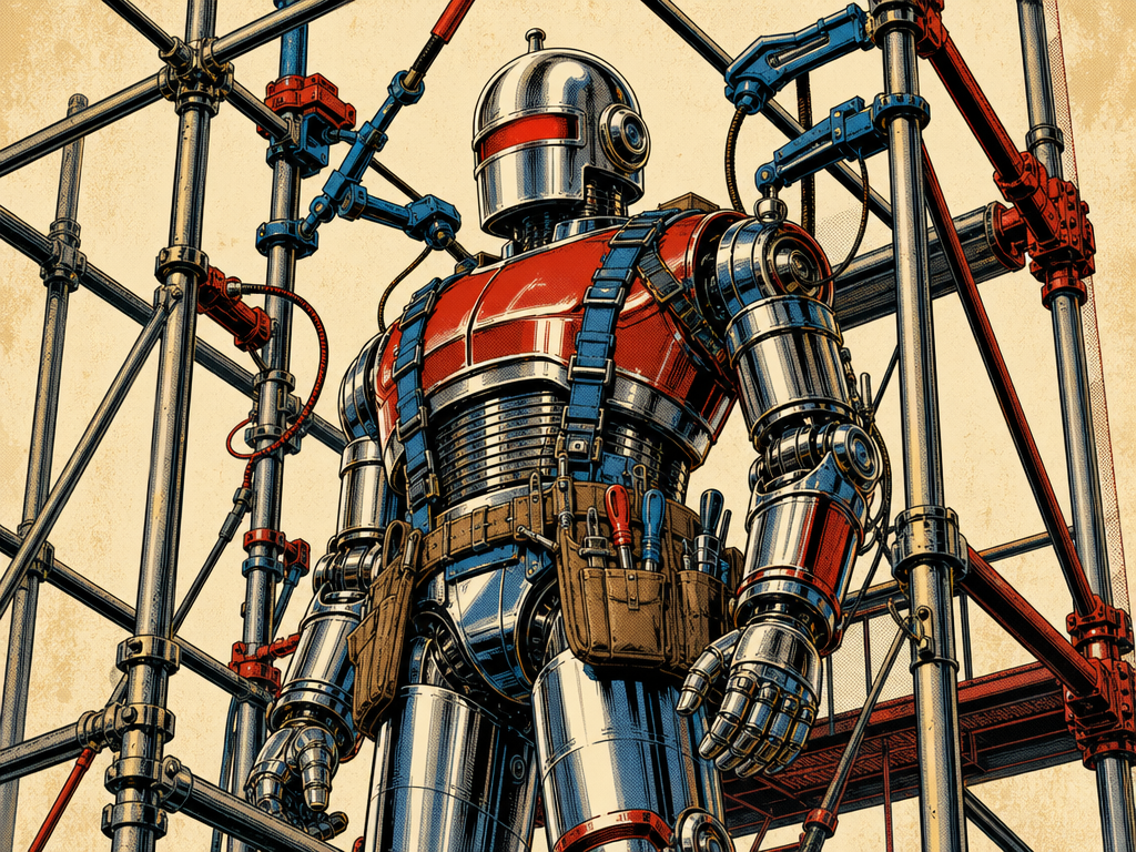 A retro robot standing inside an external scaffold and harness frame