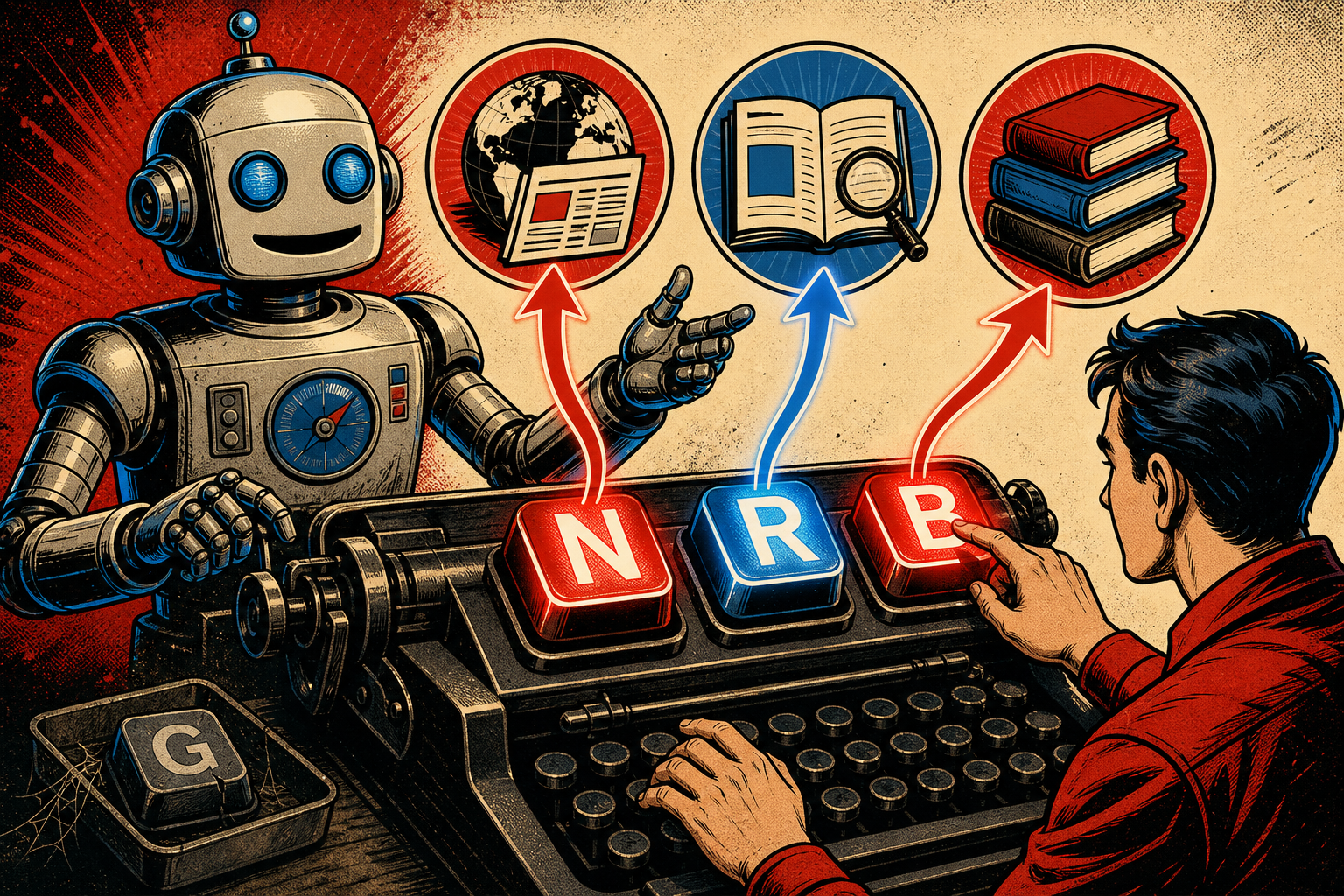 A friendly retro robot at a three-key mechanical keyboard whose only keys are N, R, and B, each emitting a thin route line that resolves into a labeled page — News, Reviews, Books — while a faint ghost of a 'G' prefix key sits ignored in the corner.