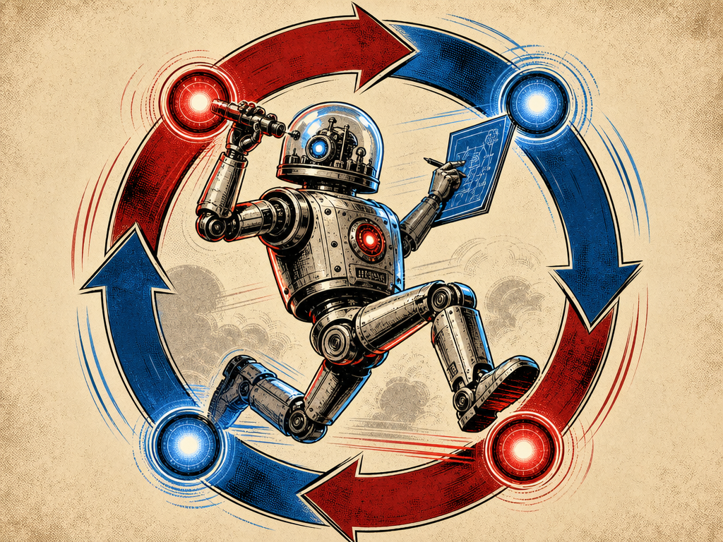A retro robot moving through a circular loop of four glowing waypoints