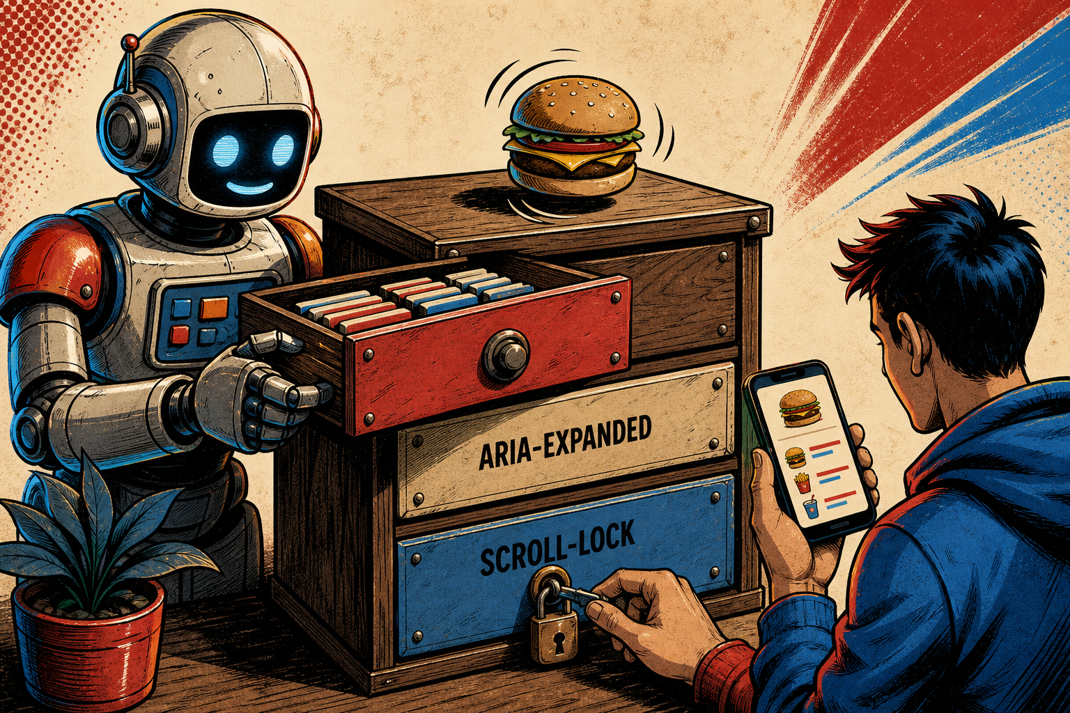 A friendly retro robot at a three-drawer cabinet labeled DRAWER, ARIA-EXPANDED, and SCROLL-LOCK — pulling the top drawer open while a small human figure on the right tests the menu on a phone.