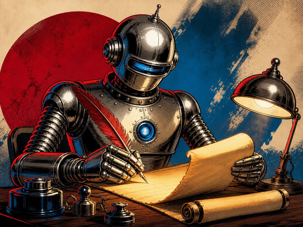 A retro robot writing instructions onto a glowing scroll