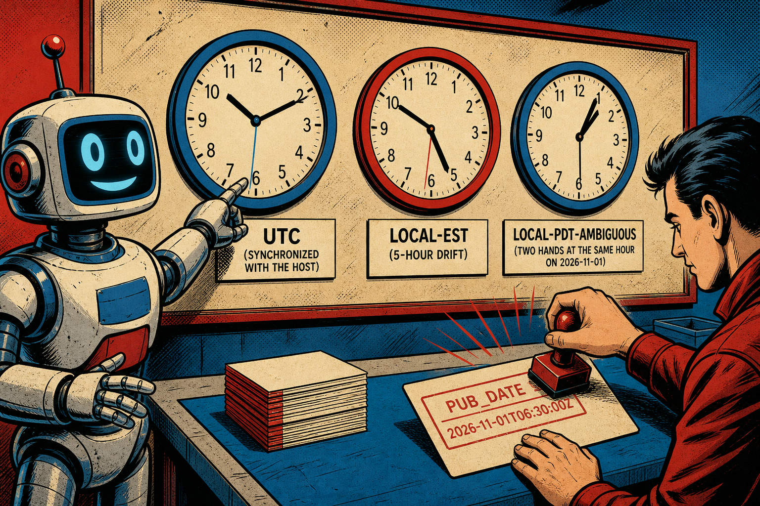 A retro robot standing in front of two clocks: left labeled LOCAL with a DST lever mid-rotation, right labeled UTC and perfectly still. The robot points at the UTC clock while the LOCAL clock's hands slip by one hour.