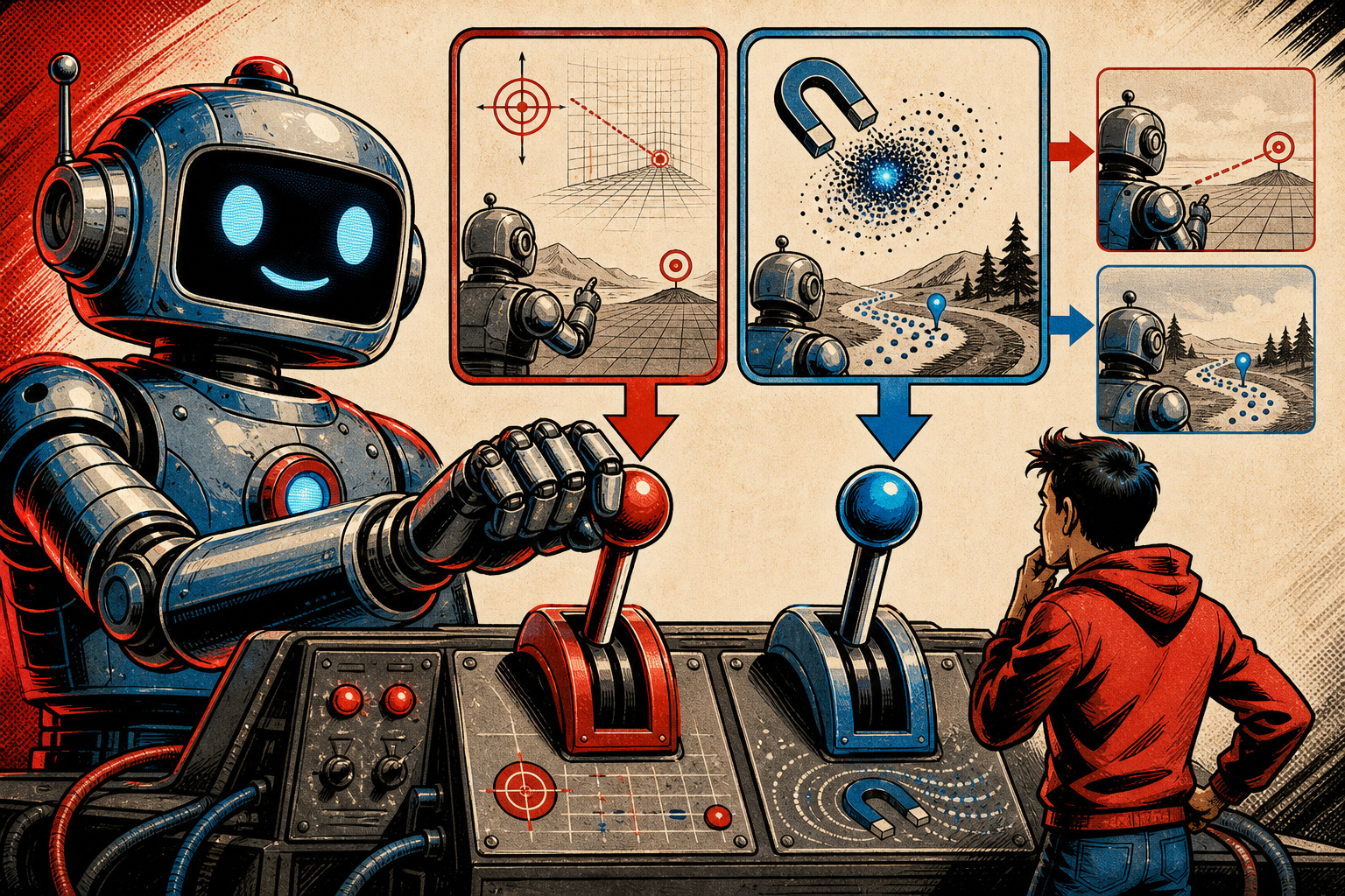 A friendly retro robot at a fork in a road with two signposts: one labelled RESUME with a brass key hanging from it, the other labelled CONTINUE with a windsock that flutters toward whichever path the wind blows.
