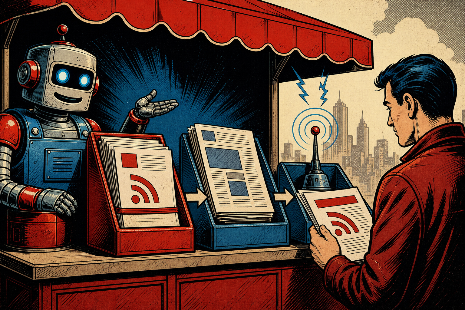 A retro robot at a newsstand with three racks labeled RSS.XML, READER-FRIENDLY HTML, and AUTODISCOVERY LINK.