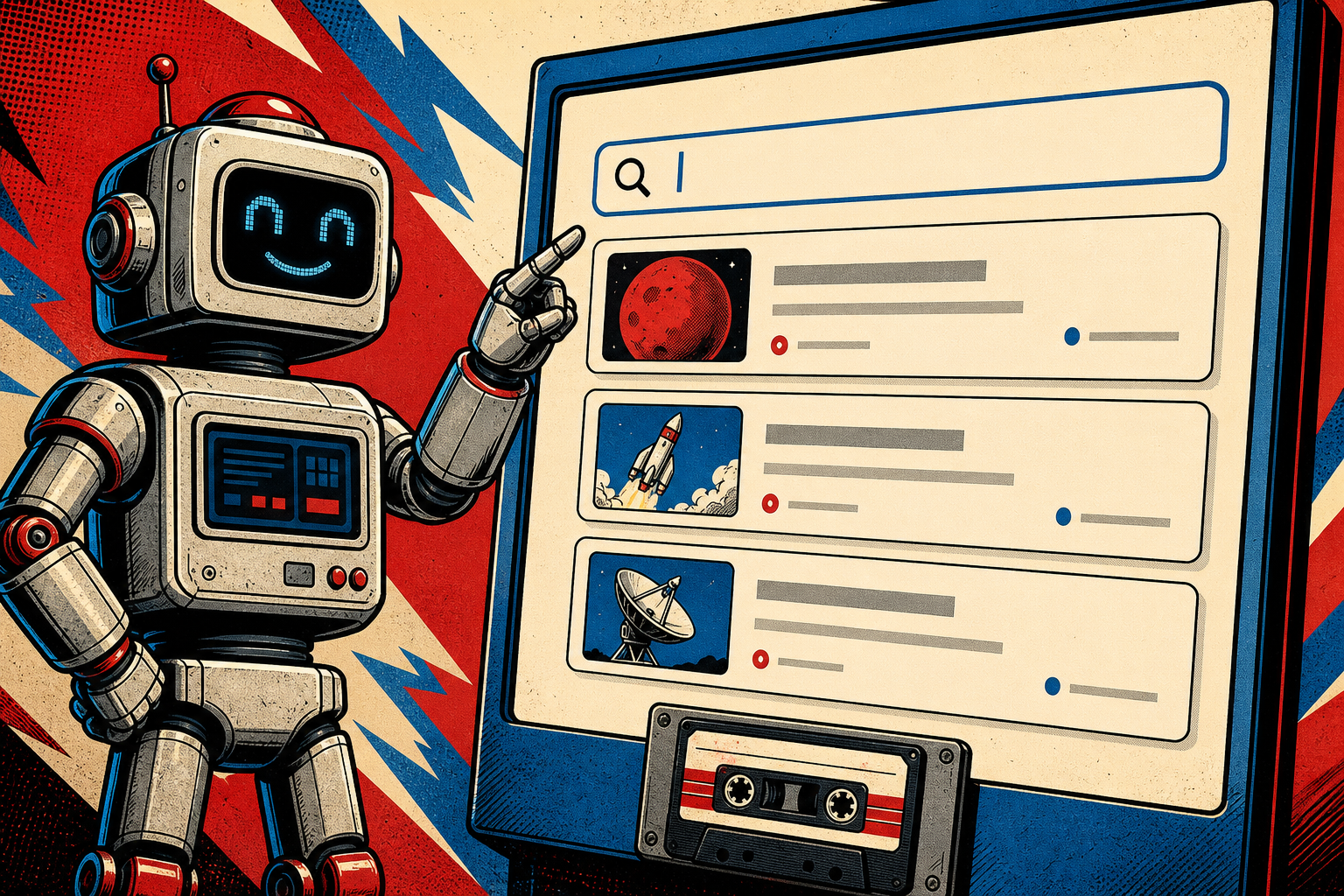 A friendly retro robot standing at a tall flat-panel display showing a search box with three results materializing as the user types; a tiny cassette-tape label on the bottom reads STATE UPDATE, NOT POPUP.