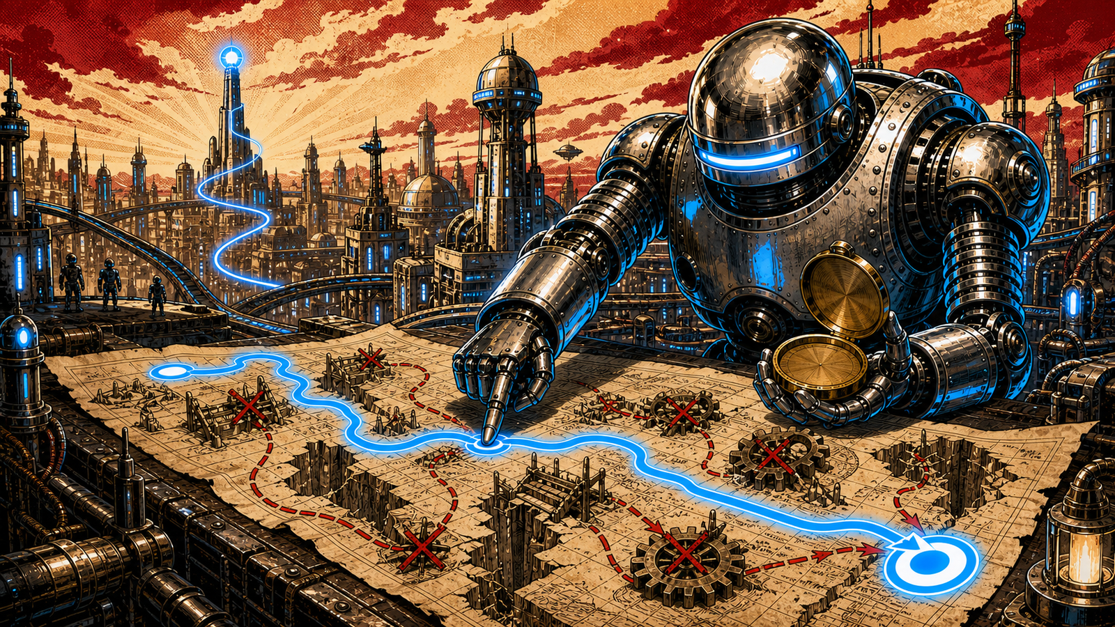 A chrome robot traces a blue route across a map toward a retro-futurist city.