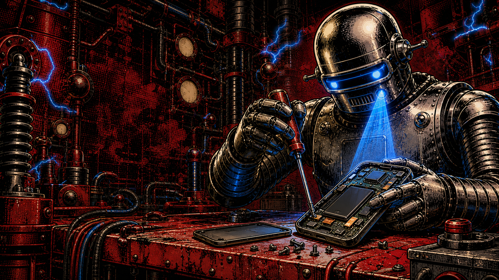 A chrome robot performs a device teardown with a screwdriver under a blue inspection light.