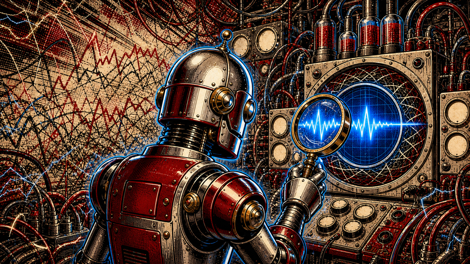 A chrome-and-crimson robot uses a brass lens to isolate one clear blue waveform from tangled noise.