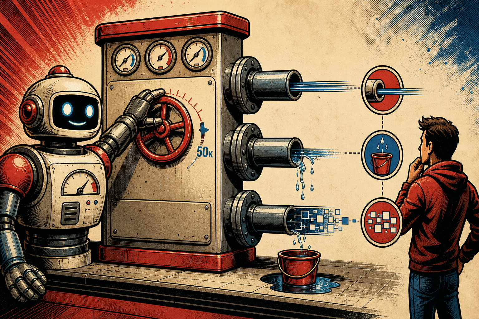A retro robot redirects an overflowing terminal through a small filter pipe