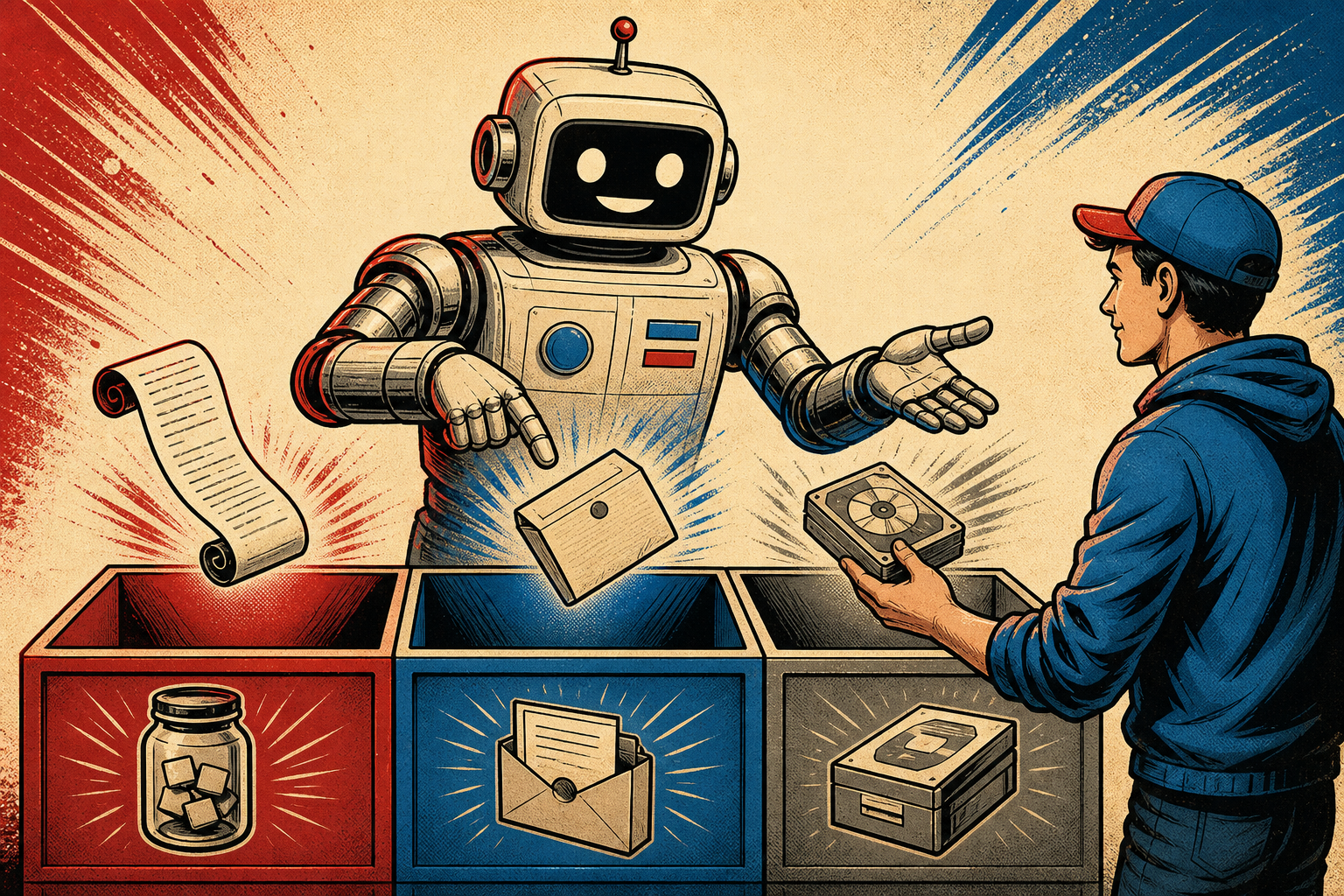 Three labeled mailboxes lined up on a desk — /tmp/, /srv/abs-site/src/, and /opt/data/ — each receiving a different kind of document (a sticky note, a stamped contract, and a small backup box). A retro robot postal carrier sorts incoming papers into the right slot.