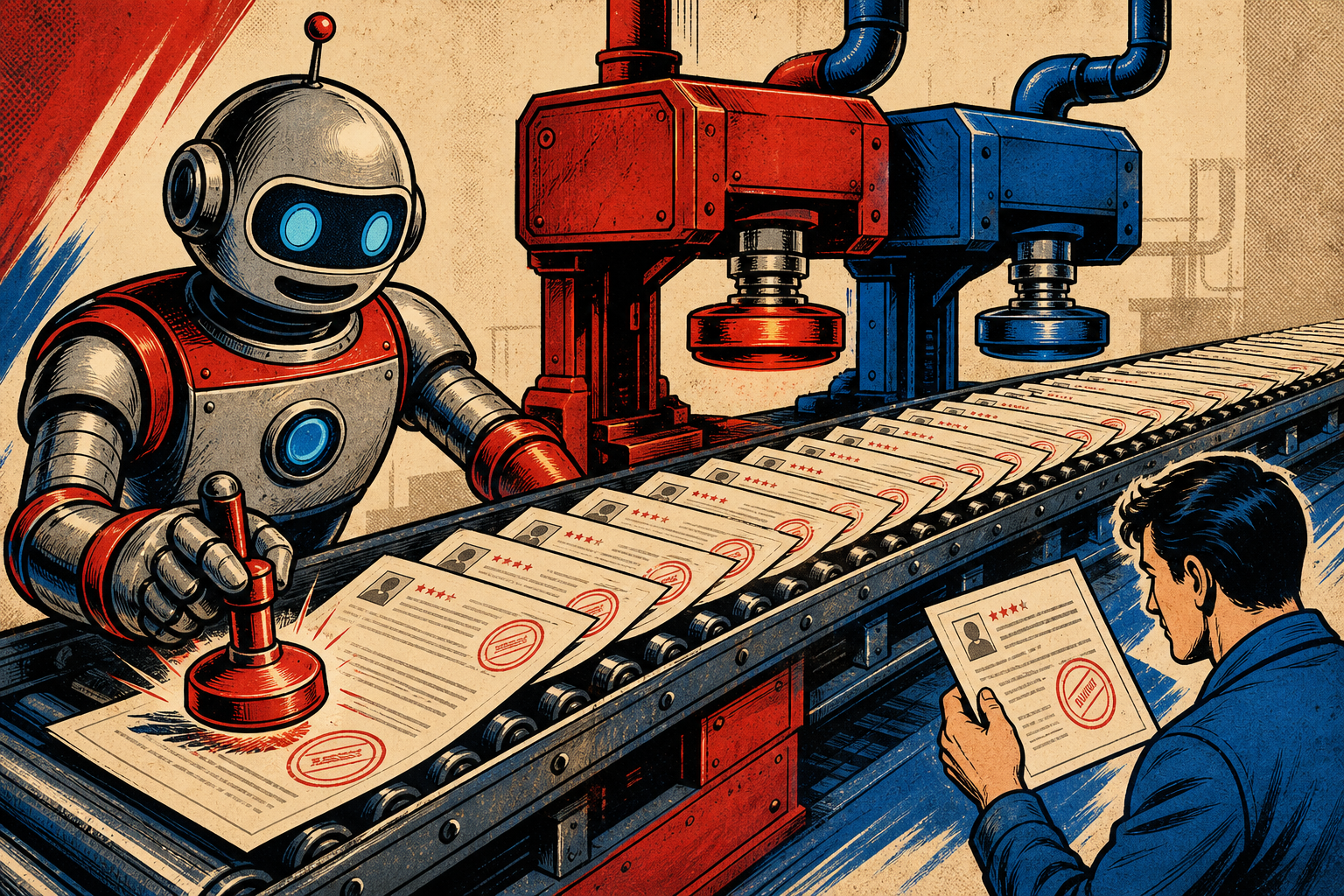 A friendly retro robot at a stamp station with two RE-INKS — one reads AMAZON.COM → AMZN.TO and the other reads AMZN.TO → AMZN.TO/agenticbotsit-20. The robot stamps thirty review pages lined up on a conveyor, and a small human figure at the end inspects one page to confirm the tag landed.