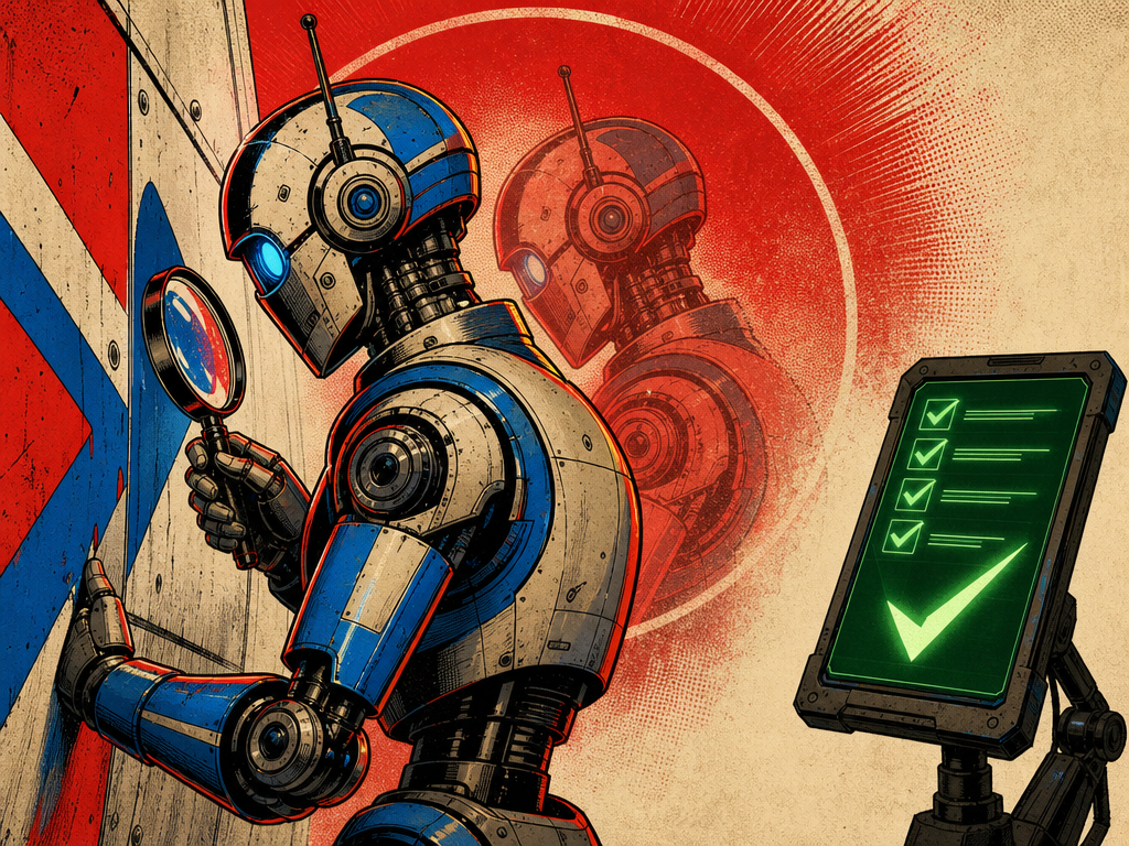 A retro robot inspecting its own panel with a magnifying glass while a ghosted duplicate mirrors the same pose, a red alert halo around the scene; a separate green checklist tablet shows a glowing checkmark.