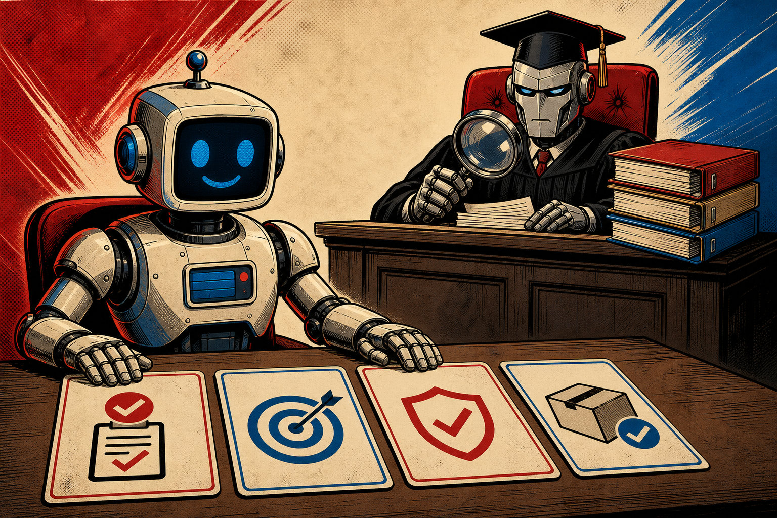 A friendly retro robot sitting at a desk with four labeled question cards spread in front of it (Instruction-aligned?, Accurate?, Within rule boundary?, Shippable?), while behind it a separate judge robot in a black cap reviews three stacked drafts with a magnifying glass at a larger second desk.