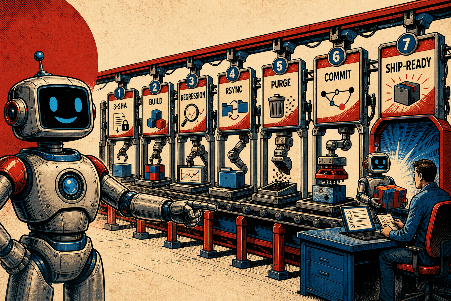 A friendly retro robot standing beside a 7-station assembly line where each station is labeled 3-SHA, BUILD, REGRESSION, RSYNC, PURGE, COMMIT, and SHIP-READY, with a small human figure sitting at a desk reviewing a clipboard at the SHIP-READY station while the robot points at them.
