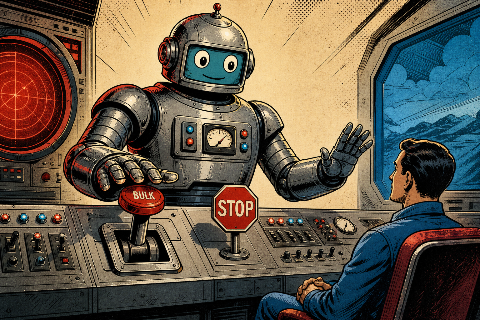 A friendly retro robot standing behind a control-room switchboard, one hand hovering over a single large red lever labeled BULK and the other hand reaching toward a STOP sign beside it, pausing to ask a small human operator on the other side of the desk for a confirmation.