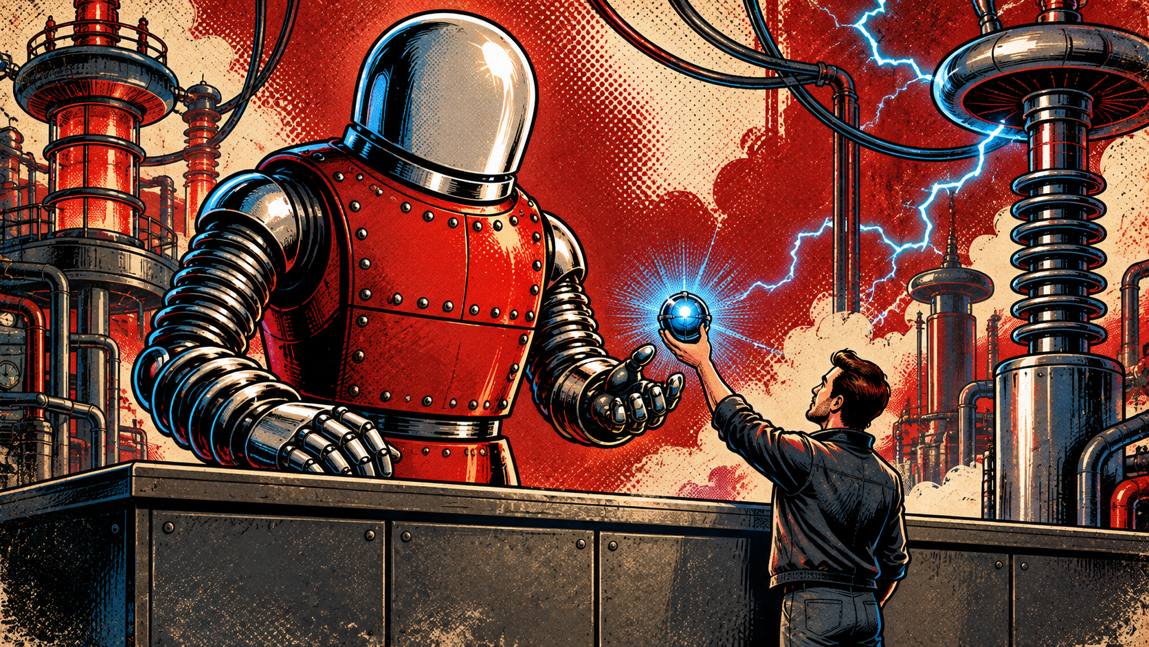 A chrome-domed retro-futurist robot standing behind a tall shop counter while a small human operator below it reaches up to offer a single glowing electric-blue orb, against a full-bleed background of crimson conduits, blue energy arcs and halftone cloud shapes.