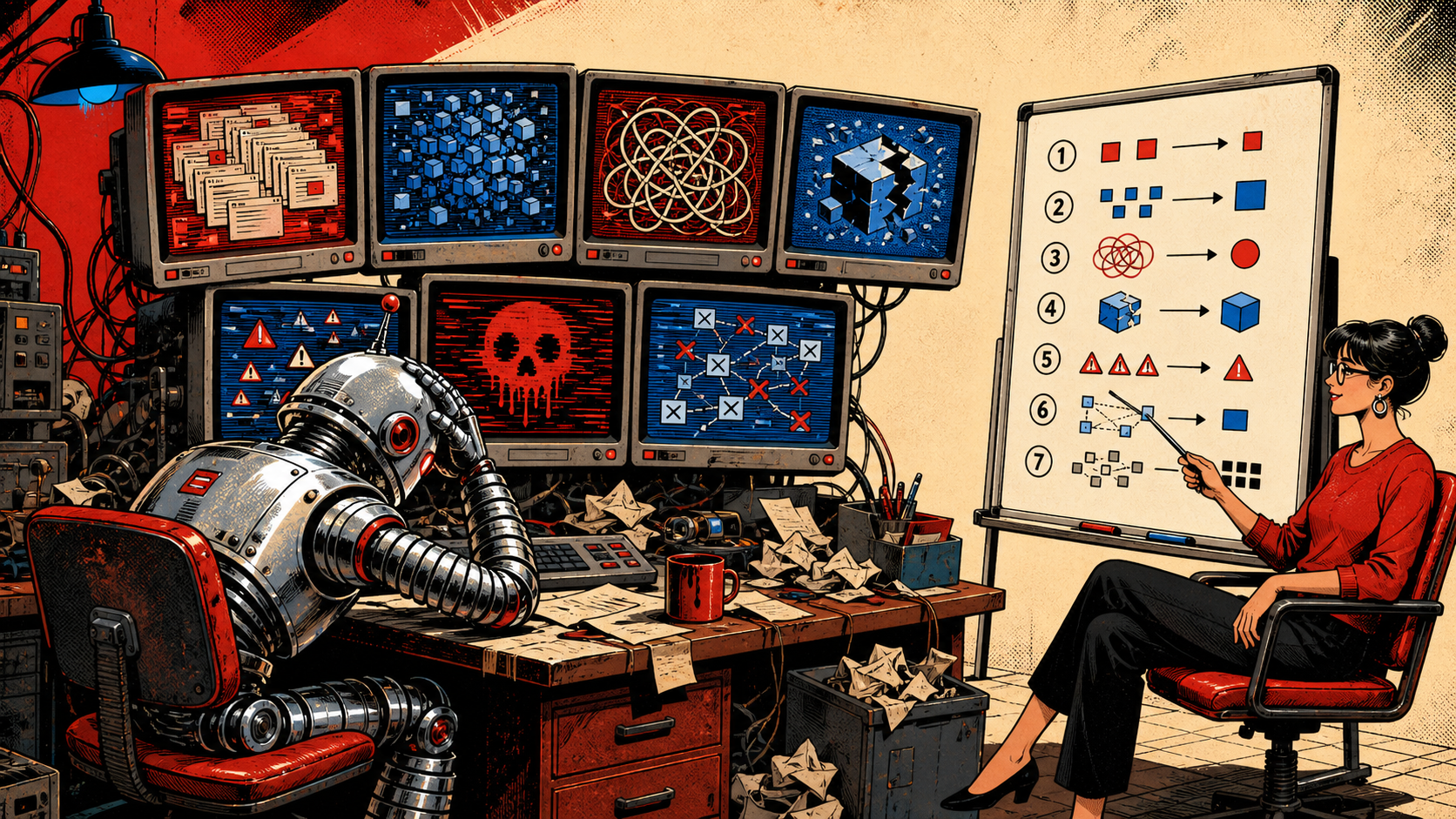 A retro robot slumped at a desk with seven flickering monitors showing duplicated functions, bloated files, and broken imports, while a smaller human figure sits next to the robot pointing at a clean whiteboard with seven numbered patterns.