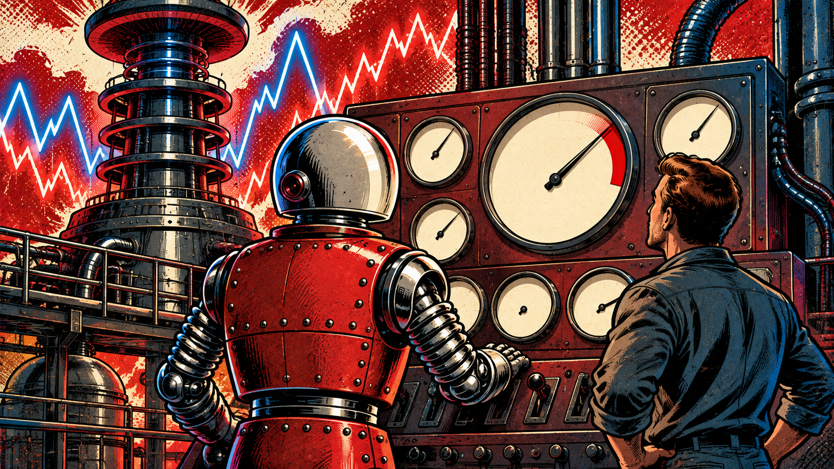 A chrome-domed retro-futurist robot and a small human operator at a tall instrument console, watching one large blank needle swing up into the red zone, against a full-bleed background of conduits and energy arcs that rise and fall like a spread chart.