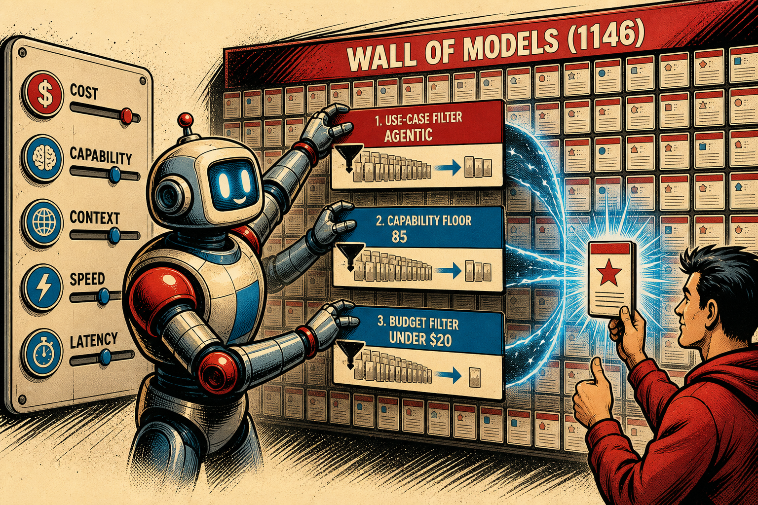 A retro robot at a dashboard panel labeled MODEL MATRIX, sliding five labeled dials (cost, capability, context, speed, latency) while three filter levers (use-case, capability floor, budget cap) sit on the left rail; four small model cards on the right are ranked from cheapest viable to top pick.