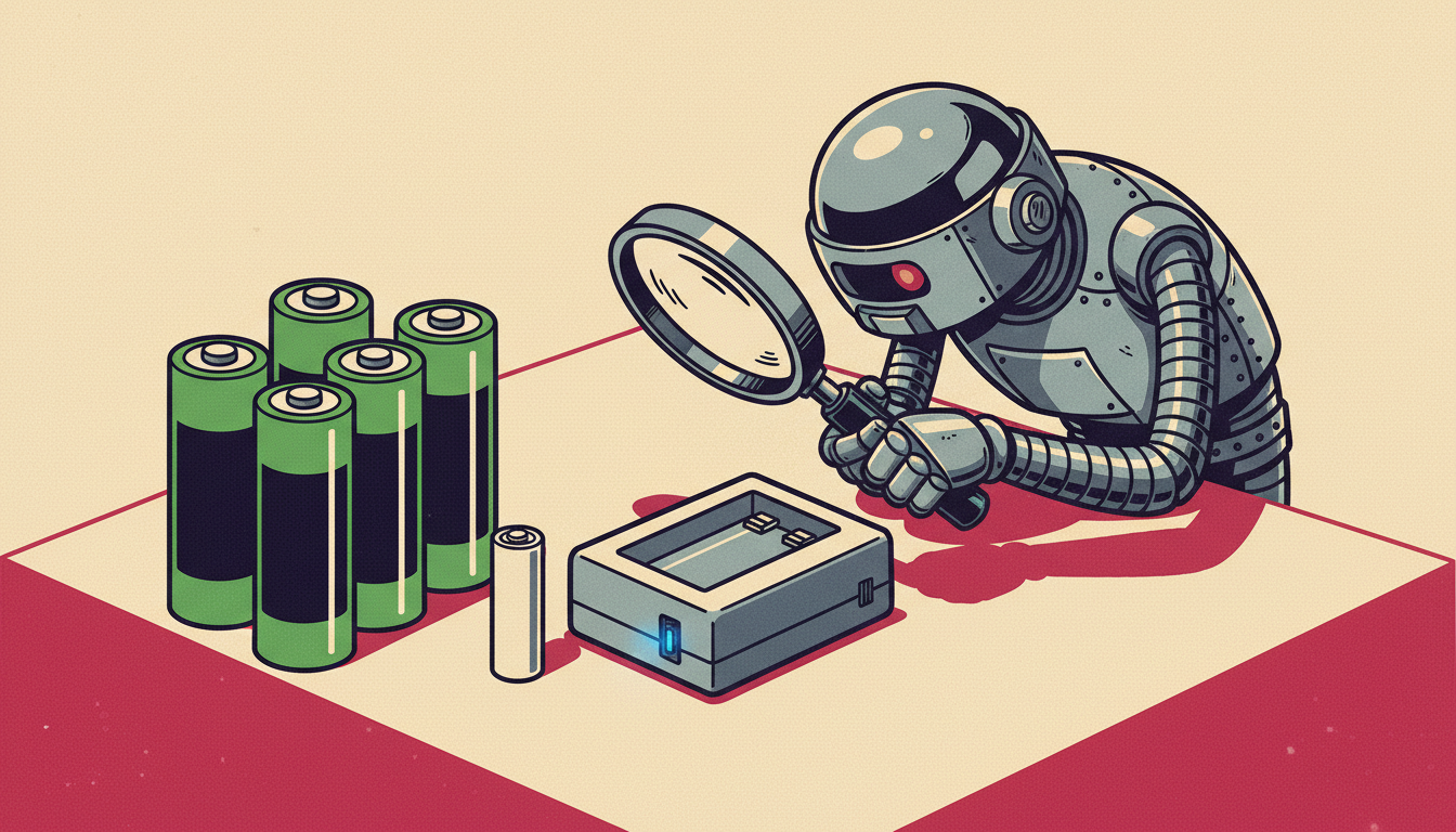 Green and black Amazon Basics rechargeable AA batteries beside a battery charger and a Panasonic Eneloop battery for size comparison, with a retro robot inspecting them