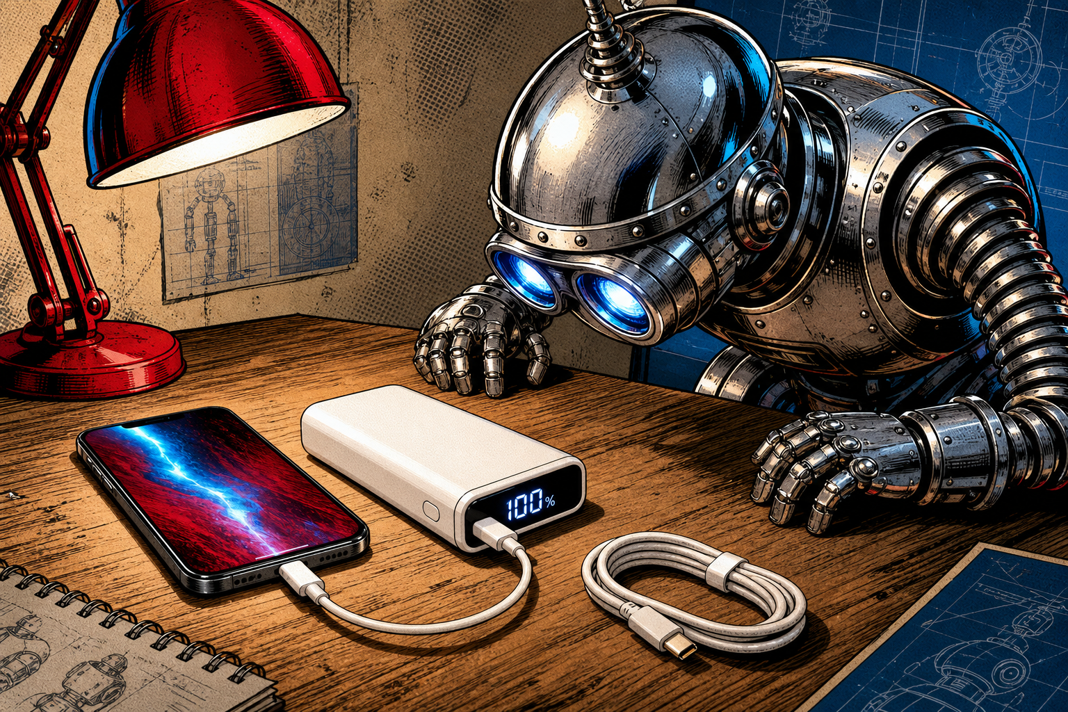 Anker 10,000mAh portable charger in white on a desk, with a phone plugged into the built-in USB-C cable and the percent-charged LED readout visible on the front, plus a second USB-C cable ready to charge the power bank itself
