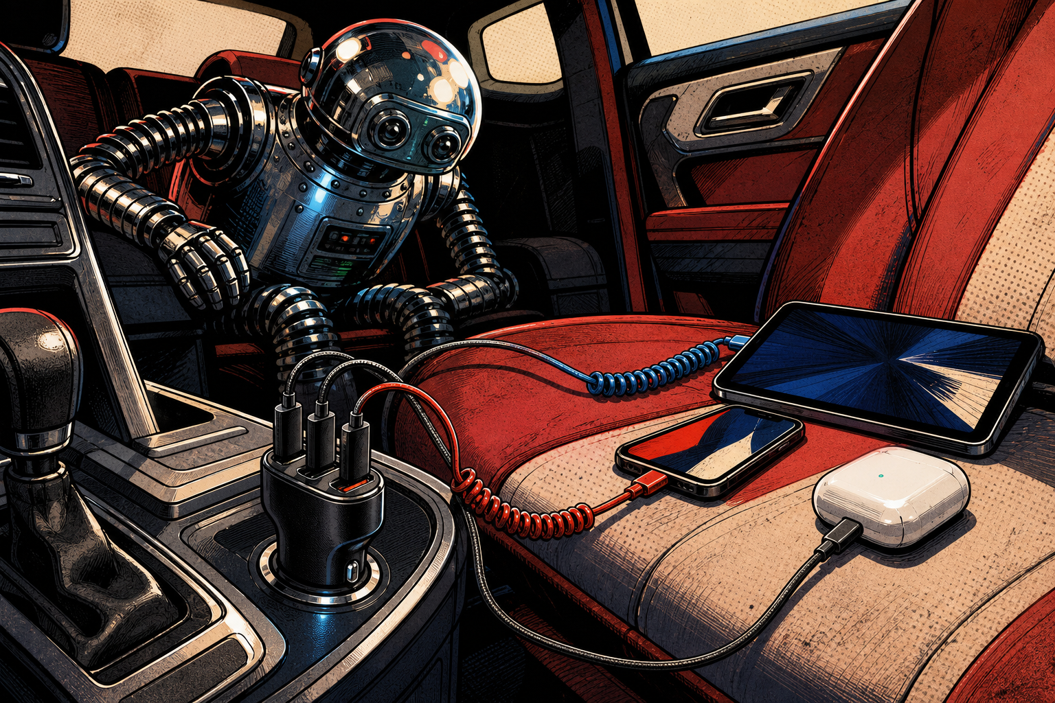 Anker 535 USB-C car charger plugged into a vehicle's 12V cigarette-lighter socket, with two USB-C cables and one USB-A cable going to a phone, a tablet, and AirPods case on the passenger seat
