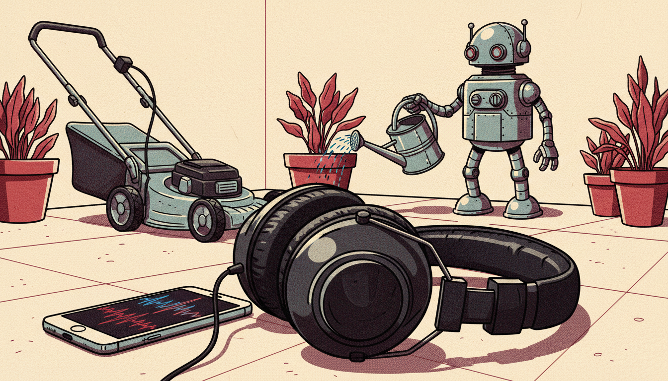 Black over-ear noise-canceling headphones resting on a backyard patio beside a push lawn mower and a podcast-playing phone, with a retro robot watering the lawn