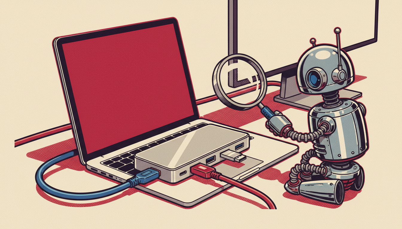 Compact aluminum Anker USB-C hub plugged into a laptop on a hotel-room desk with HDMI cable, USB stick, and SD card attached, plus a retro robot inspector
