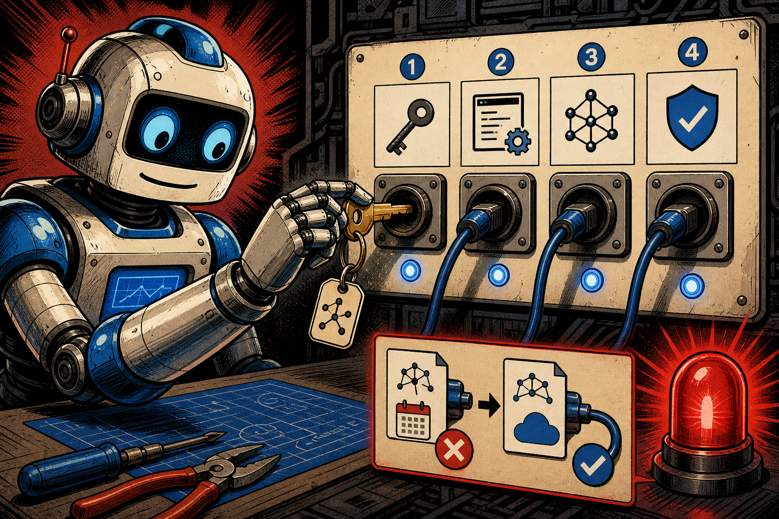 A friendly retro robot at a small wiring station plugging an ANTHROPIC API KEY keychain into four labeled ports in order — KEY, CONFIG, MODEL, VERIFY — while a red warning light blinks next to a date-stamped model pin contrasting with a -latest pin.