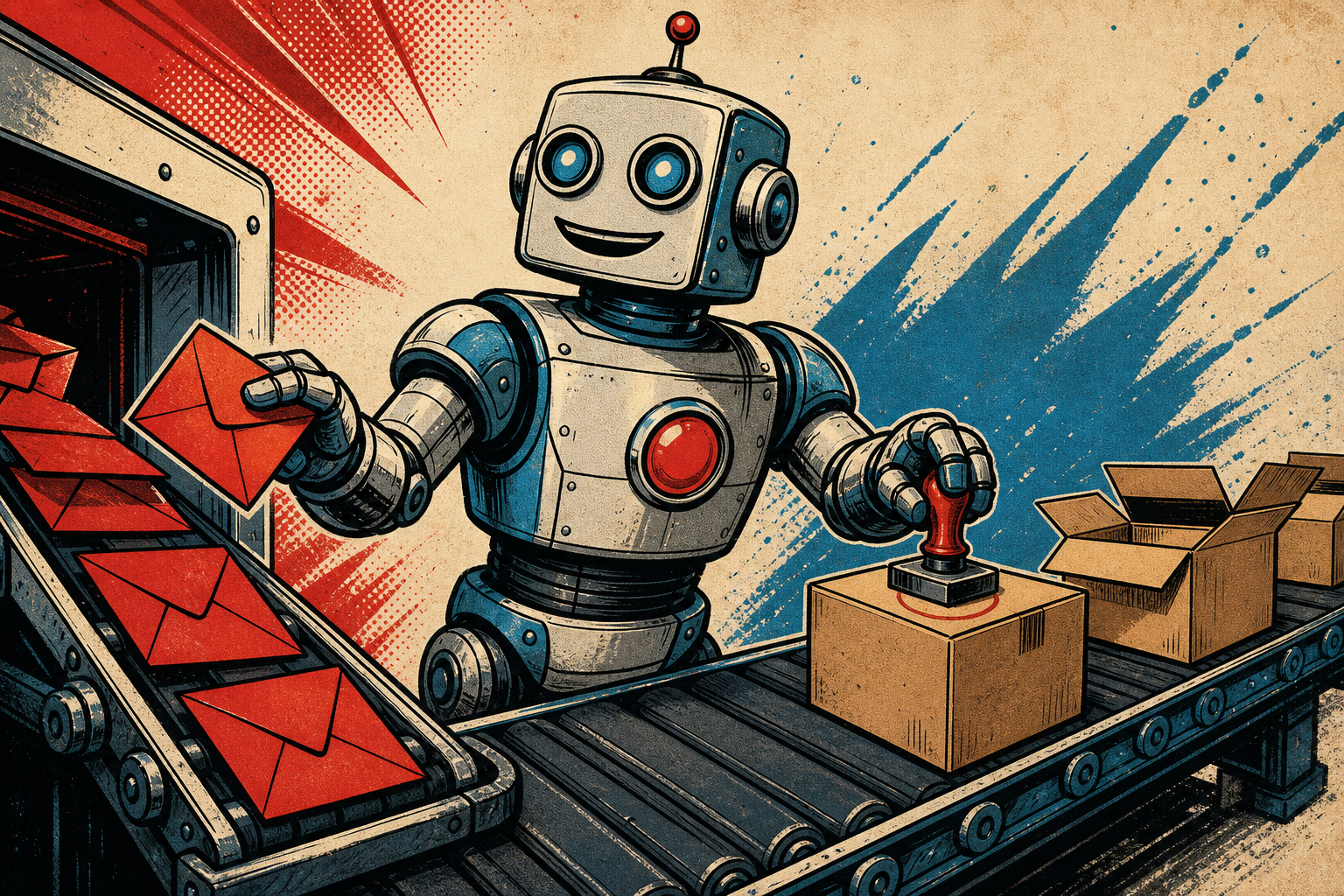 A friendly retro robot at a conveyor belt taking short amzn.to red envelopes from one side, peeling them open to reveal Amazon boxes on the other side, and stamping each box with a small AFFILIATE TAG stamp.