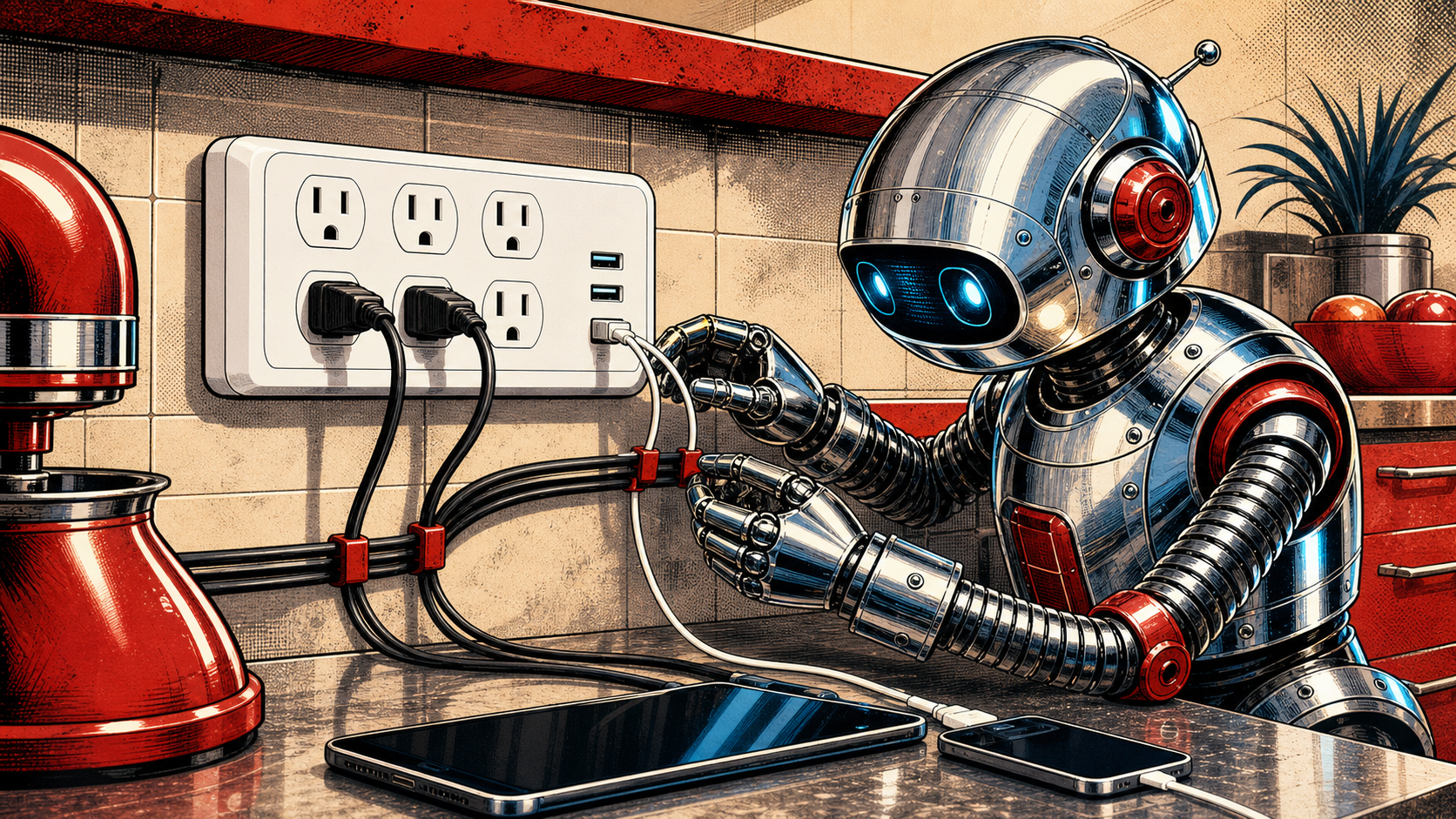 A white six-outlet wall surge protector powering kitchen appliances and charging several mobile devices while a retro robot organizes cables