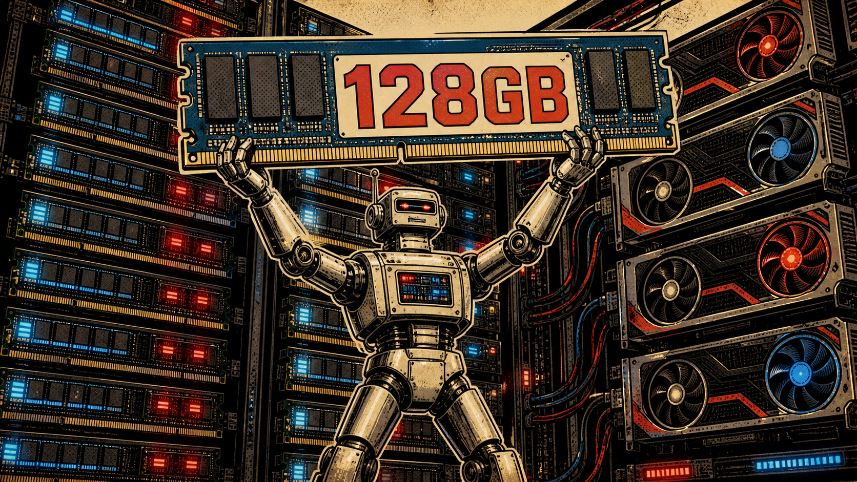 A retro robot in front of a wall of RAM and graphics cards holding a 128GB memory bank