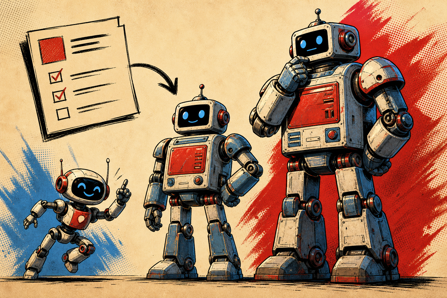 Three friendly retro robots lined up by size, each wearing a labeled badge (HAIKU, SONNET, OPUS), with a hand-drawn arrow pointing from a task card to the right robot.