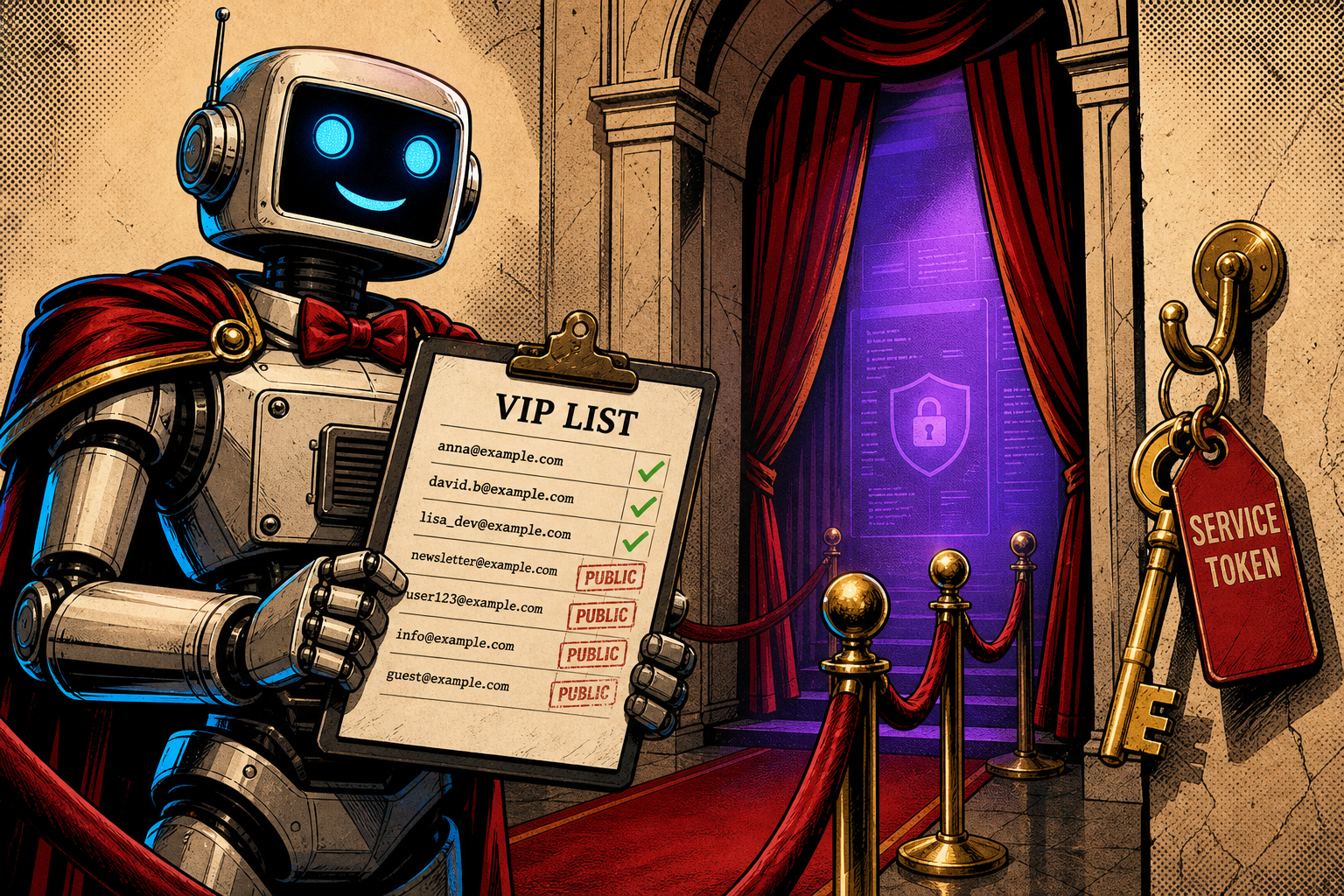 A friendly retro robot at a velvet-roped entrance holding a clipboard VIP list, with some emails visible and others crossed out as PUBLIC, plus a golden key labeled SERVICE TOKEN hanging on a hook beside it.