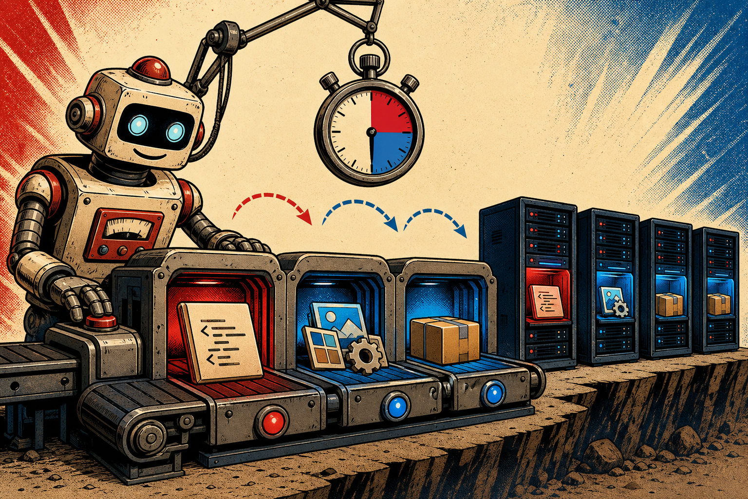 A friendly retro robot operating a 3-stage dishwasher-style conveyor labeled HTML, ASSETS, and BUNDLE, with a stopwatch showing 30 seconds between stages and four edge POP servers reading each stage in turn.
