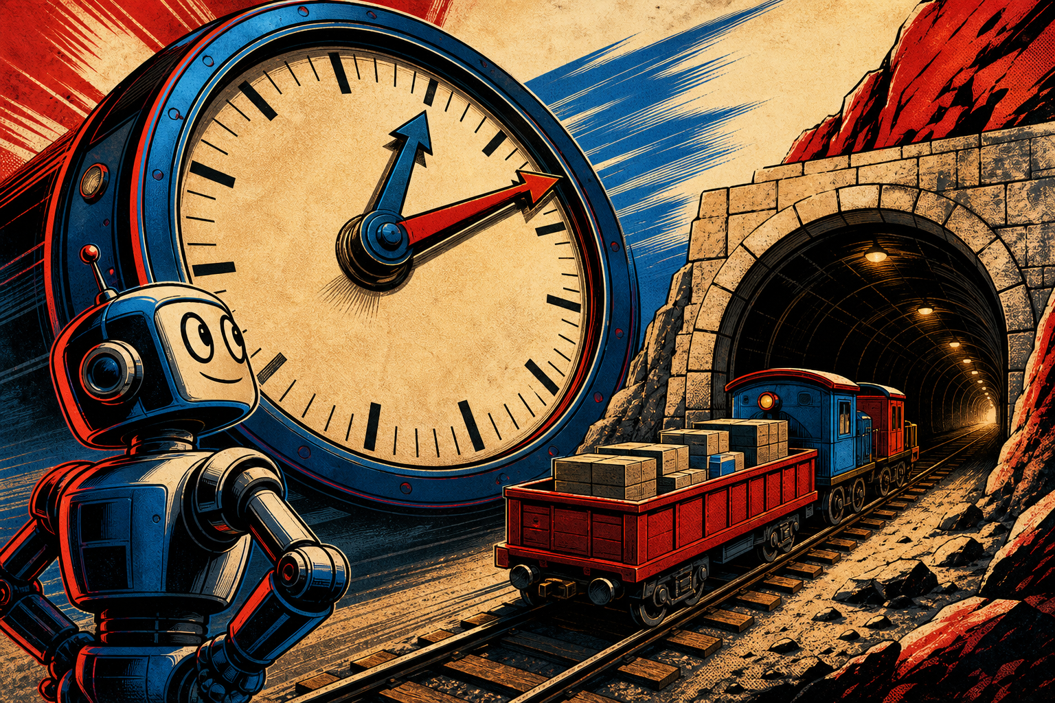 A retro robot stands before a giant wall clock labeled BROWSER RELEASE TRAIN, watching the hands tick forward while a small cargo train carrying a REMOVAL REQUEST enters a long tunnel marked 6-12 WEEKS.
