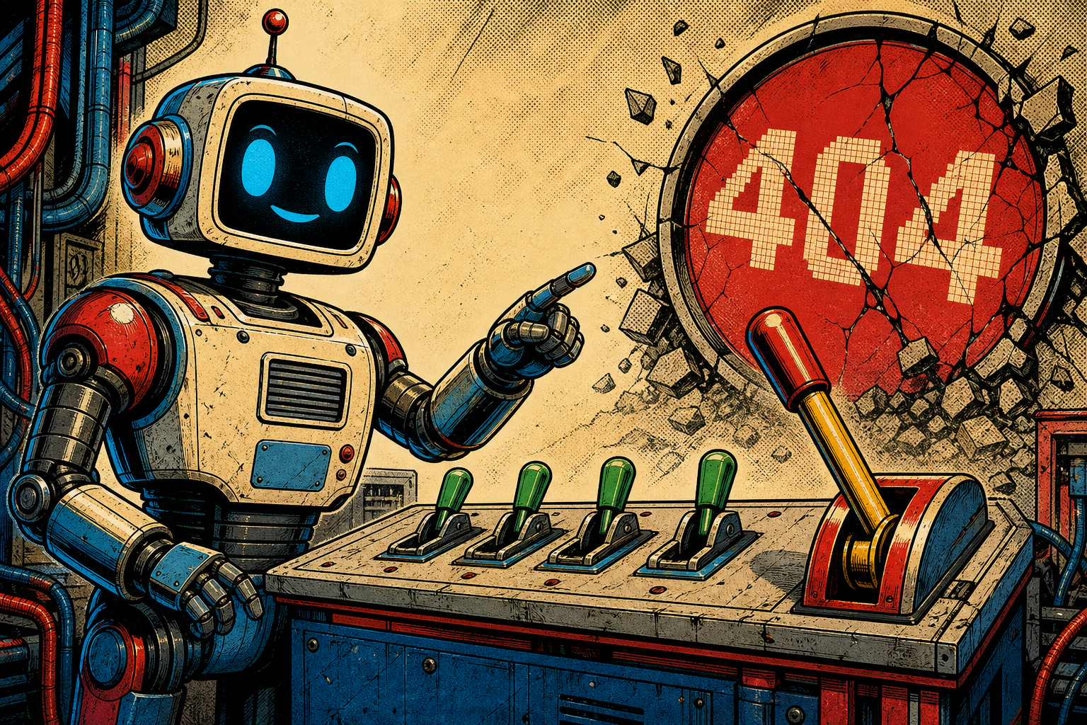 A friendly retro robot at a Cloudflare Tunnel switchboard, four green hostname toggles lit up and a catch-all lever pointing to a 404 sign.