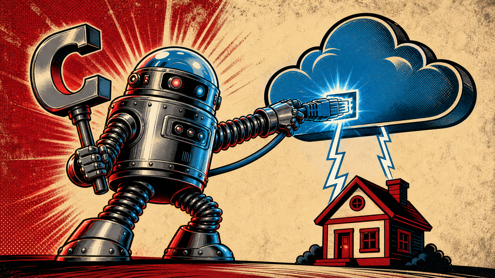 Retro editorial illustration of a chrome-domed robot plugging a glowing ethernet cable into a stylized cloud labeled with a lightning bolt, with the cloud linked to a small house-shaped icon below.