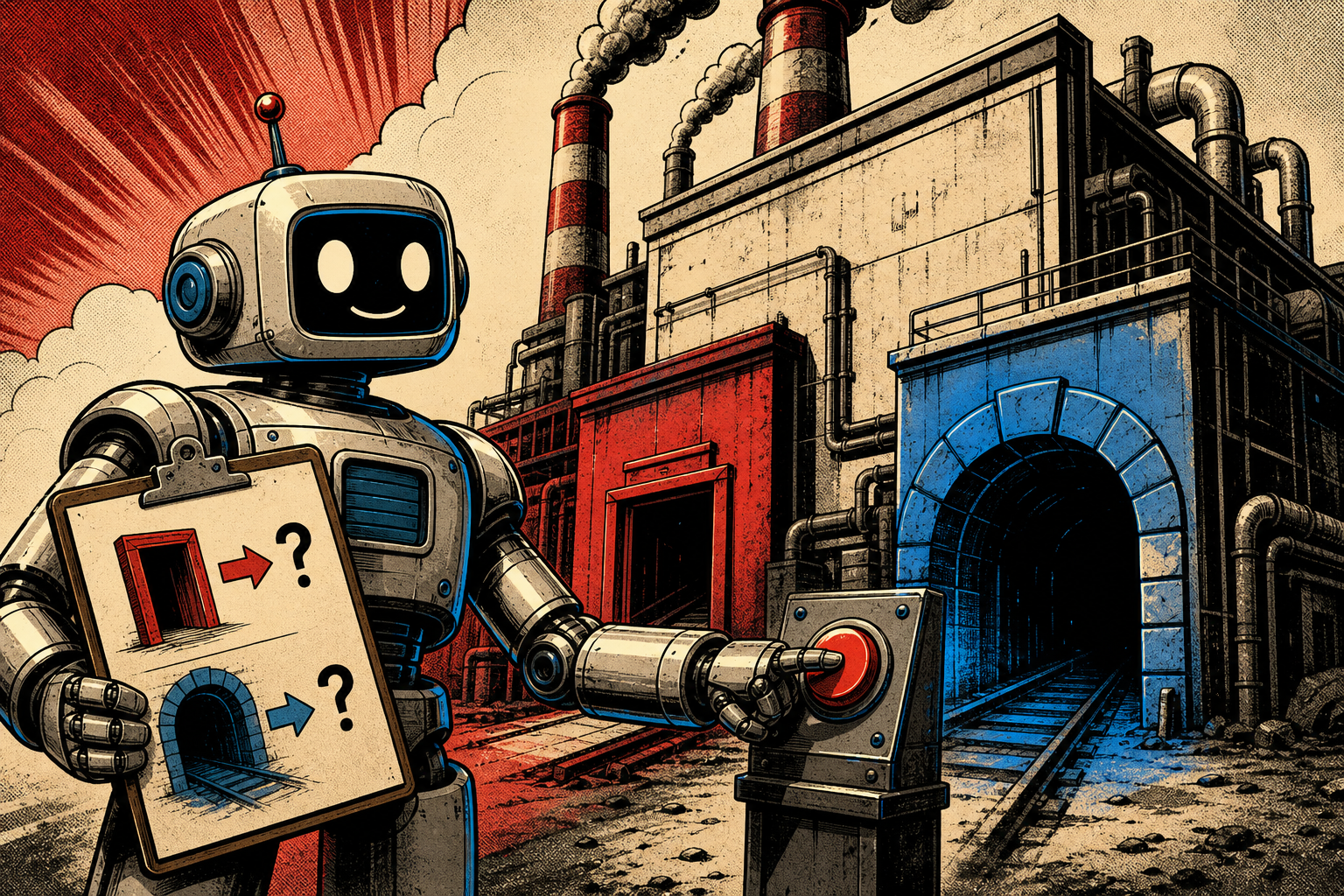 A friendly retro robot stands next to a 502 factory: a clipboard labeled ORIGIN? points at one door, a clipboard labeled TUNNEL? points at another, and one finger presses a single red restart button.
