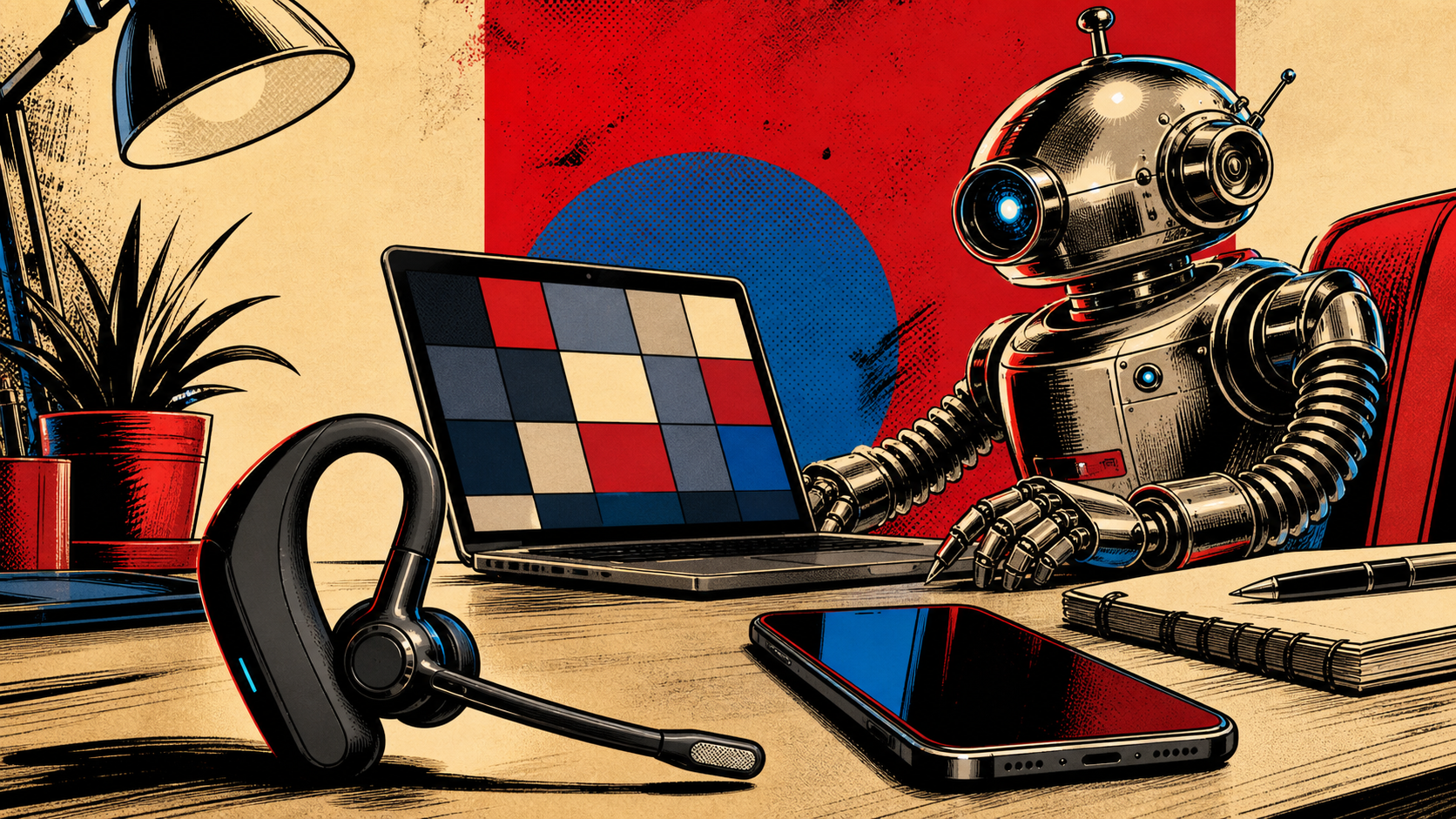 A single-ear Bluetooth headset beside a phone and video-meeting screen while a retro robot works from a home office