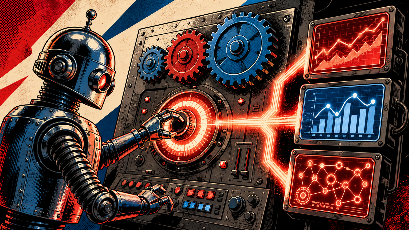Retro editorial illustration of a chrome-domed robot standing at a three-way railroad junction switch labeled with price tags (small/medium/large), with a glowing orange traffic light routing train cars of different sizes to different tracks.